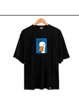 Black Sokak Blacksokak Erkek Siyah Ördek Baskılı Oversize Bisiklet Yaka Tshirt