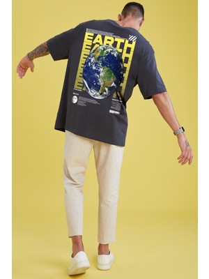 Black Sokak Erkek Gri Earth Baskılı Oversize Tshirt