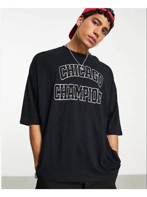 Black Sokak Erkek Siyah Champion Chicago Baskılı Oversize Bisiklet Yaka Kısa Kollu T-Shirt