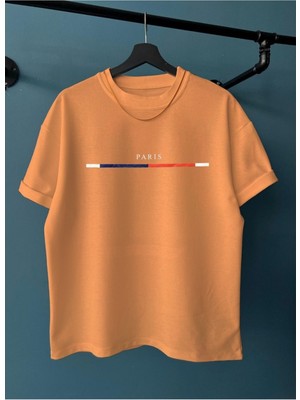 Black Sokak Erkek Papaya Göğüs Ince Çizgili Paris Baskılı Oversize Bisiklet Yaka Tişört