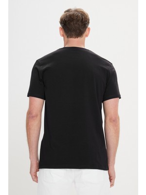 ALTINYILDIZ CLASSICS Erkek Siyah Slim Fit Dar Kesim Bisiklet Yaka Pamuklu Desenli Tişört