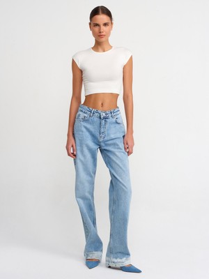 Dilvin 71428 Paça Ucu Beyazlatılmış Denim Pantolon-Mavi