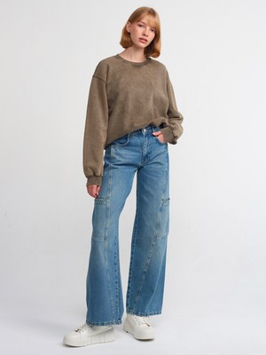 Dilvin 71372 Asimetrik Dikişli Denim Kargo Pantolon-Tint