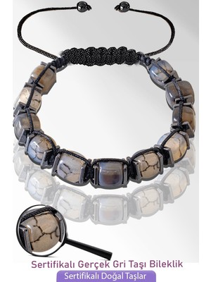 Tesbih Atölyesi Sertifikalı Küp Model Doğal Gri Çizgili Akik Taşı Bileklik - Ayarlamalı