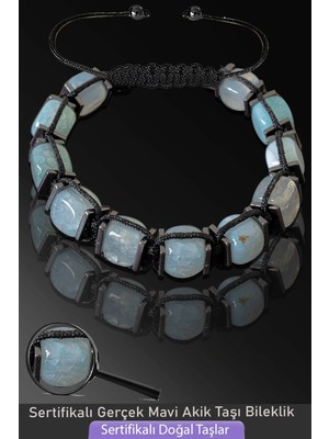 Tesbih Atölyesi Sertifikalı Küp Model Doğal  Açık Mavi Akik Taşı Bileklik - Ayarlamalı