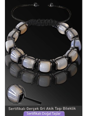 Tesbih Atölyesi Sertifikalı Küp Model Doğal Gri Akik Taşı Bileklik - Ayarlamalı