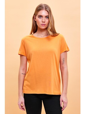 Vena Kadın Boyfriend Turuncu Bisiklet Yaka Regular Fit Modal T-Shirt (Lyocell)