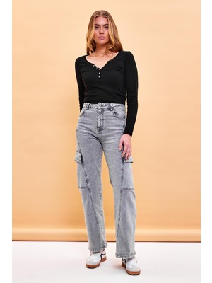 Vena Kadın Wanda Kargo Cepli Wide Leg Grey Jean Pantolon