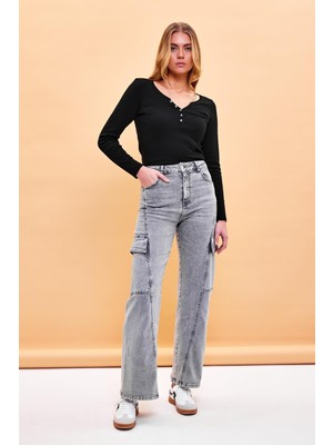 Vena Kadın Wanda Kargo Cepli Wide Leg Grey Jean Pantolon