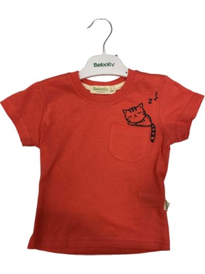 Hira T-Shirt Uykucu Kedi Baskılı Mercan