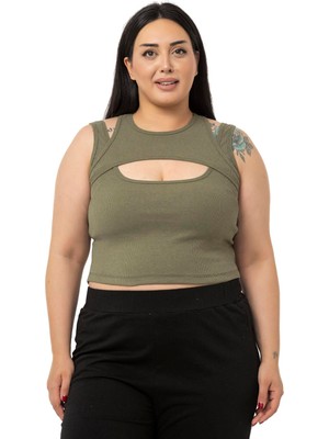 Disentis Modest Büyük Beden Göğüs Dekolteli Fitilli Kaşkorse Haki Body