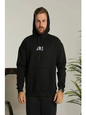 Modaoe Erkek Baskılı Oversize Üç Iplik Kapüşonlu Sweatshirt - Siyah