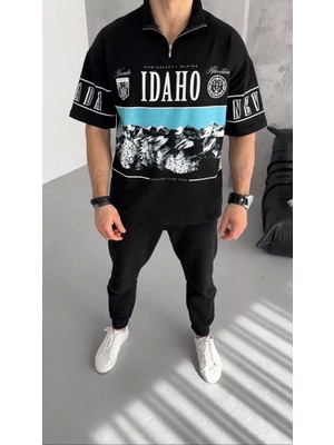 Modaoe Unisex Baskılı Yarım Fermuarlı T-Shirt - Siyah