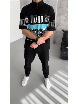 Modaoe Unisex Baskılı Yarım Fermuarlı T-Shirt - Siyah