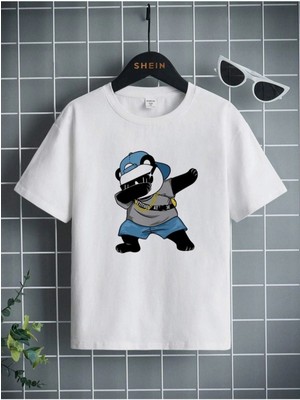 Black Sokak Erkek Çocuk Beyaz Panda Bisiklet Yaka Tshirt