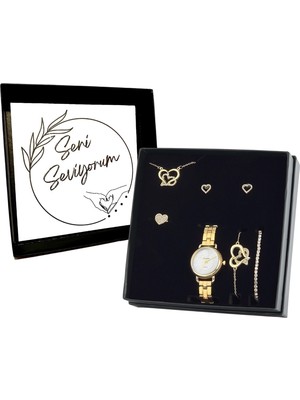 Forentina Kadın Metal Kol Saati -Çift Kalp Takı Seti - Sevgiliye Hediye PS2876