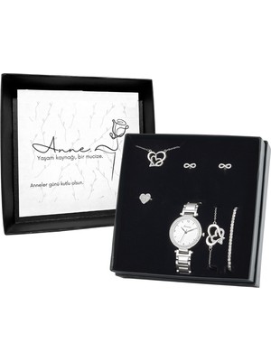Forentina Gümüş Renk Kol Saati- Çift Kalp Takı Seti - Anneye Hediye PS2875