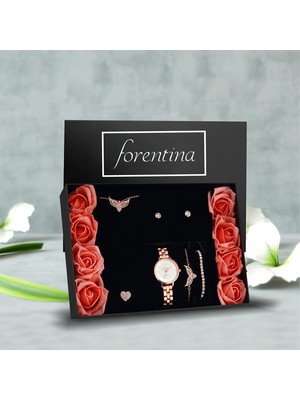 Forentina Rose Melek Kanadı Kolye Bileklik Küpe Saat Güllü Kutuda Hediye Set PS2763