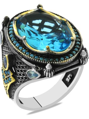 Tesbihname Faset Kesim Turkuaz Zirkon Taşlı Yanları Detaylı 925 Ayar Gümüş Erkek Yüzük