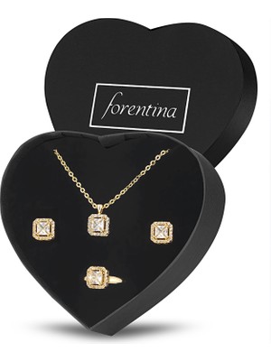 Forentina Altın Kaplama  Zirkon Tektaş Kolye Küpe Takı Seti PS2919