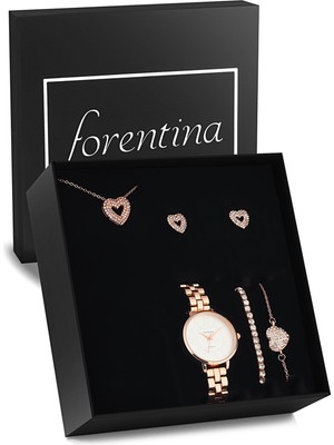 Forentina Rose Kalpli Kolye Bileklik Küpe Saat Hediye Set PS2762