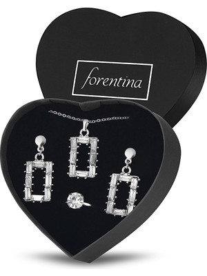 Forentina Baget Taşlı Kolye Küpe Yüzük Takı Seti PS2709