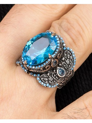 Prestige Gümüş Aquamarine Taşlı Turkuaz Taş Süslemeli 925 Ayar Gümüş Erkek Yüzüğü