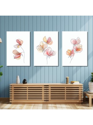 Gaagart 3'lü Kanvas Duvar Tablosu Seti Çizgisel Soft Gelincikler