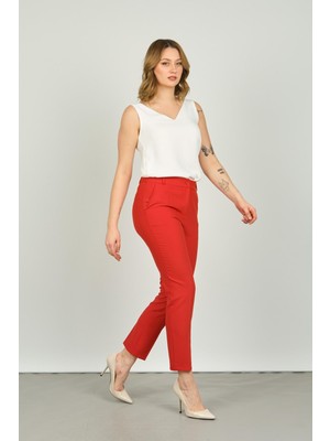 Fa Pantolon Kadın Bilek Boy Çift Cep Dar Kalıp Pantolon 7001 Kırmızı