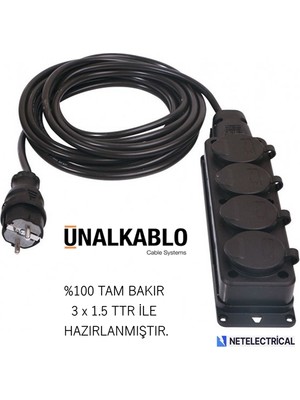 Ünal Kablo Kauçuk 4'lü (Dörtlü) 3 Metre Grup Priz (3x1.5 Ttr Tam Bakır Kablo)