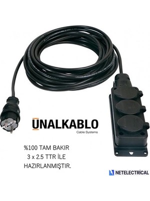 Ünal Kablo Kauçuk 3'lü (Üçlü) 40 Metre Grup Priz (3x2.5 TTR TAM BAKIR KABLO)