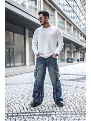 Outfit-Man Kuşaklı Kargo Cepli Baggy Jean Yıkamalı Mavi