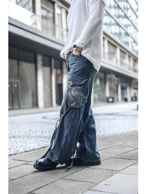 Outfit-Man Kuşaklı Kargo Cepli Baggy Jean Yıkamalı Mavi