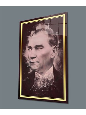 Miraaxx Gold Şerit Atatürk Cam Tablo, Uv Baskılı ve Temperli, Hediyelik