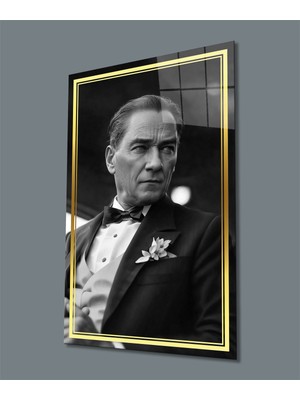 Miraaxx Gold Şerit Siyah Beyaz Yapay Zeka Atatürk Cam Tablo, Uv Baskılı ve Temperli, Hediyelik