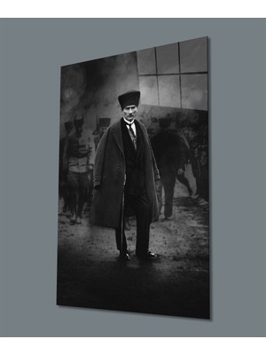 Miraaxx Siyah Beyaz Pardesülü Atatürk Cam Tablo, Uv Baskılı ve Temperli, Hediyelik