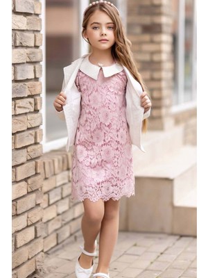 Riccotarz Kız Çocuk Sahte Cepli Blazer Ceket Dantelli Çiçek Işlemeli Bebe Yakalı Pembe Elbise