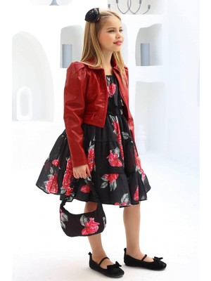 Riccotarz Kız Çocuk Çiçek Desenli Bordo Deri Ceketli Elbise