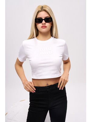 olafre Miu Yazılı Beyaz Crop T-Shirt Pamuklu T-Shirt Basic T-Shirt Bluz