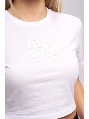 olafre Miu Yazılı Beyaz Crop T-Shirt Pamuklu T-Shirt Basic T-Shirt Bluz