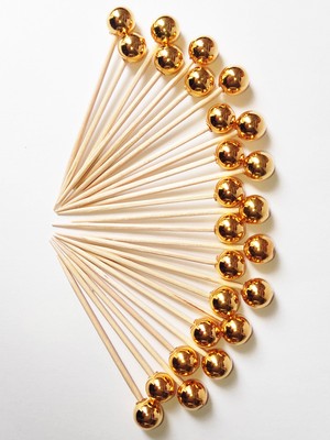 TM Tasarım Mağazası 50 Adet Dekoratif Yuvarlak Gold Inci Boncuklu Kürdan 6,5 cm - Inci 8 mm