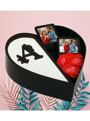 Giftstime Kişiye Özel Aynalı Pleksi Baş Harf Tasarımlı Kalp Kutu ve Siyah Çerçeve ve Aşk Sözleri