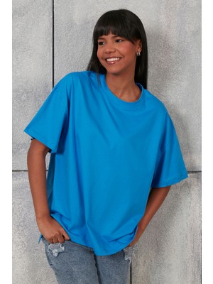 Fancy Kadın Oversize Kalıp Bisiklet Yaka %100 Pamuk Basic T-shirt