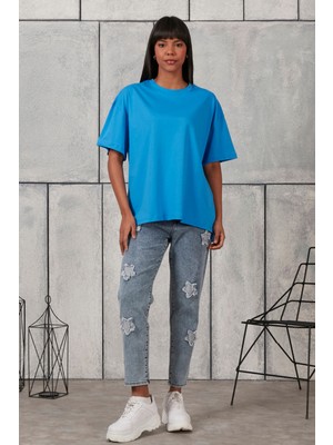 Fancy Kadın Oversize Kalıp Bisiklet Yaka %100 Pamuk Basic T-shirt