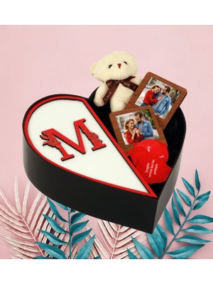 Giftstime Kişiye Özel Baş Harf Tasarımlı Kalp Kutu ve Peluş Ayıcık Anahtarlık Çerceve Aşk Sözleri