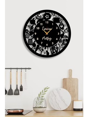 Tekno Trust 40 Isimli Dekoratif Mutfak Duvar Saati, Mutfak Dekorasyon Siyah Doğa Ahşap Yuvarlak