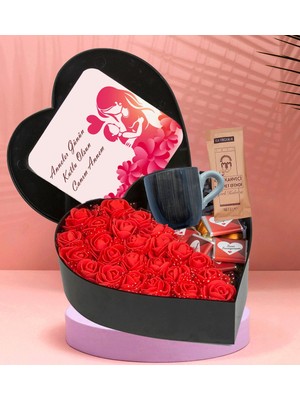 Giftstime Kalp Kutu Tasarımlı New Kalp Kutu Çiçek Çikolata Buketi Mermer Desenli Kah Fincanı Türk Kahsi
