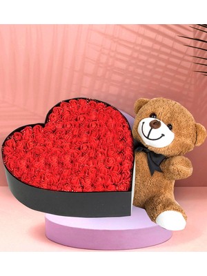 Giftstime Kalp Kutu Tasarımlı New Kalp Kutu Çiçek Gül Sevimli Peluş Ayıcık