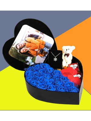 Giftstime Fotoğraflı Kalp Kutu Çiçek Çikolata Buketi Ayıcık Anahtarlık Kolye 365 Gün Aşk Sözleri