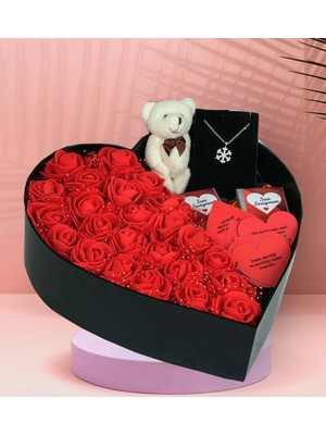 Giftstime Kalp Kutu Tasarımlı New Kalp Kutu Çiçek Çikolata Buketi Ayıcık Anahtarlık Kolye Özel Aşk Sözleri